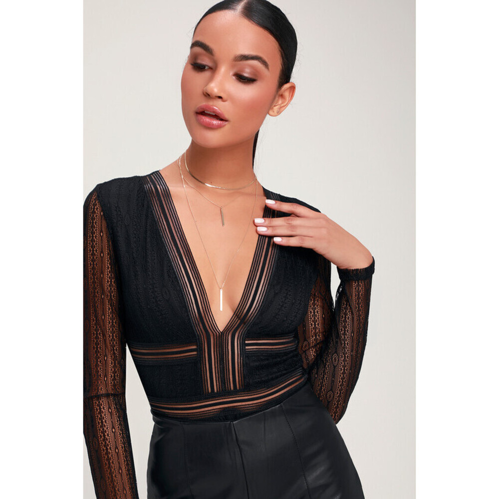 Lulus Casita Black Sheer Lace Long Sleeve Bodysuit - Size M